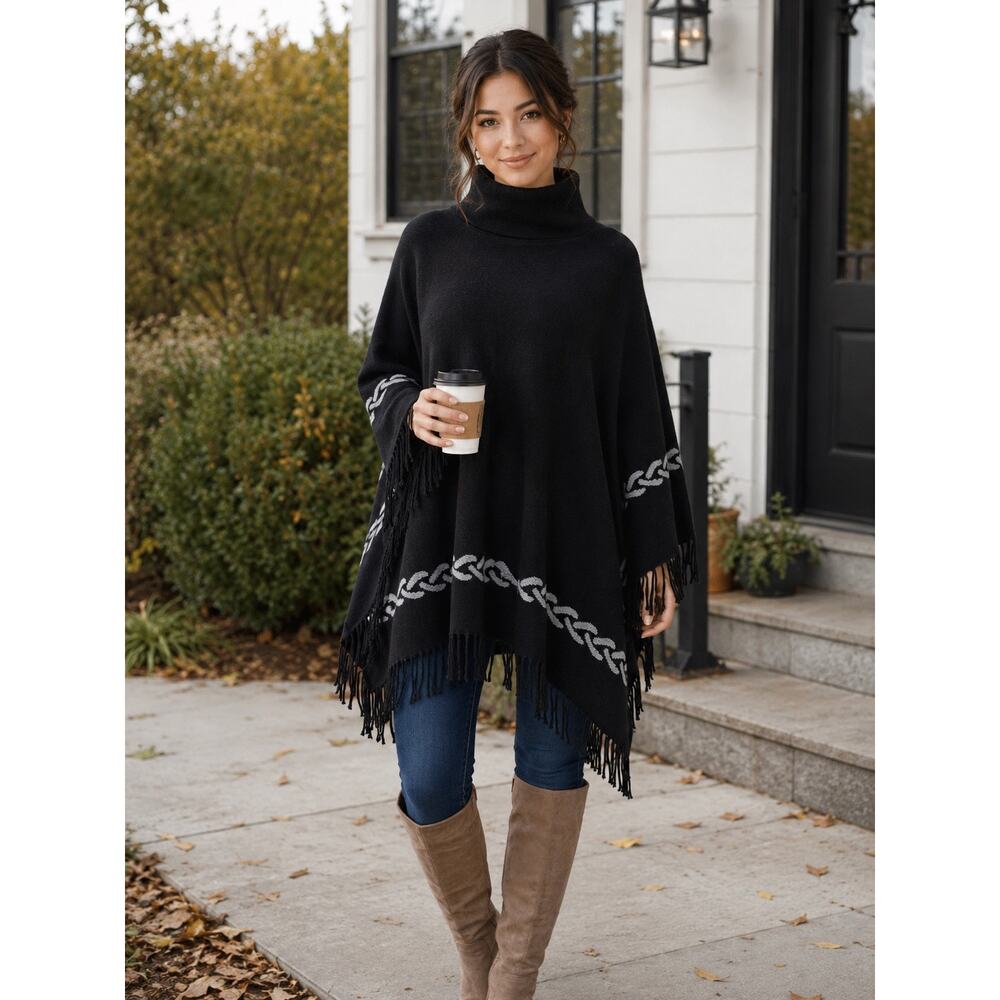 J.McLaughlin Garnet Chain Print Jacquard Knit Mock Neck Black Fringed Poncho OS
